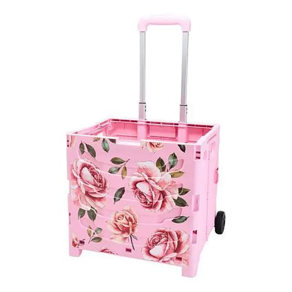 Pink Floral Folding Utility Cart with Wheels