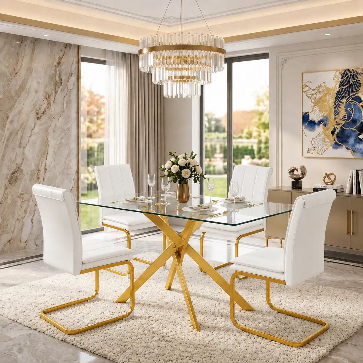 Rectangular Glass Dining Table With Gold Crossed Legs