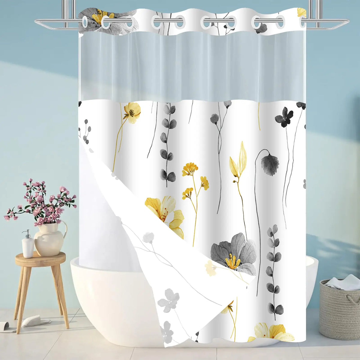Watercolour Floral Shower Curtain with Clear Top Panel