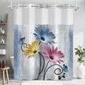 Daisy Print Shower Curtain with Wood Look Background