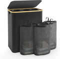 Black Three-Section Laundry Hamper with Bamboo Rim
