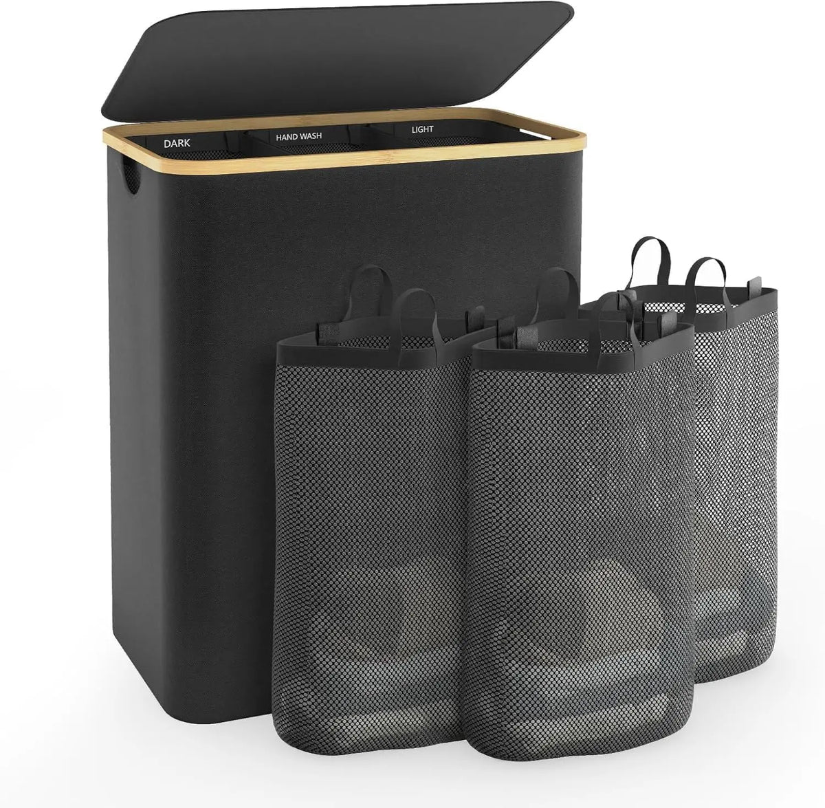 Black Three-Section Laundry Hamper with Bamboo Rim